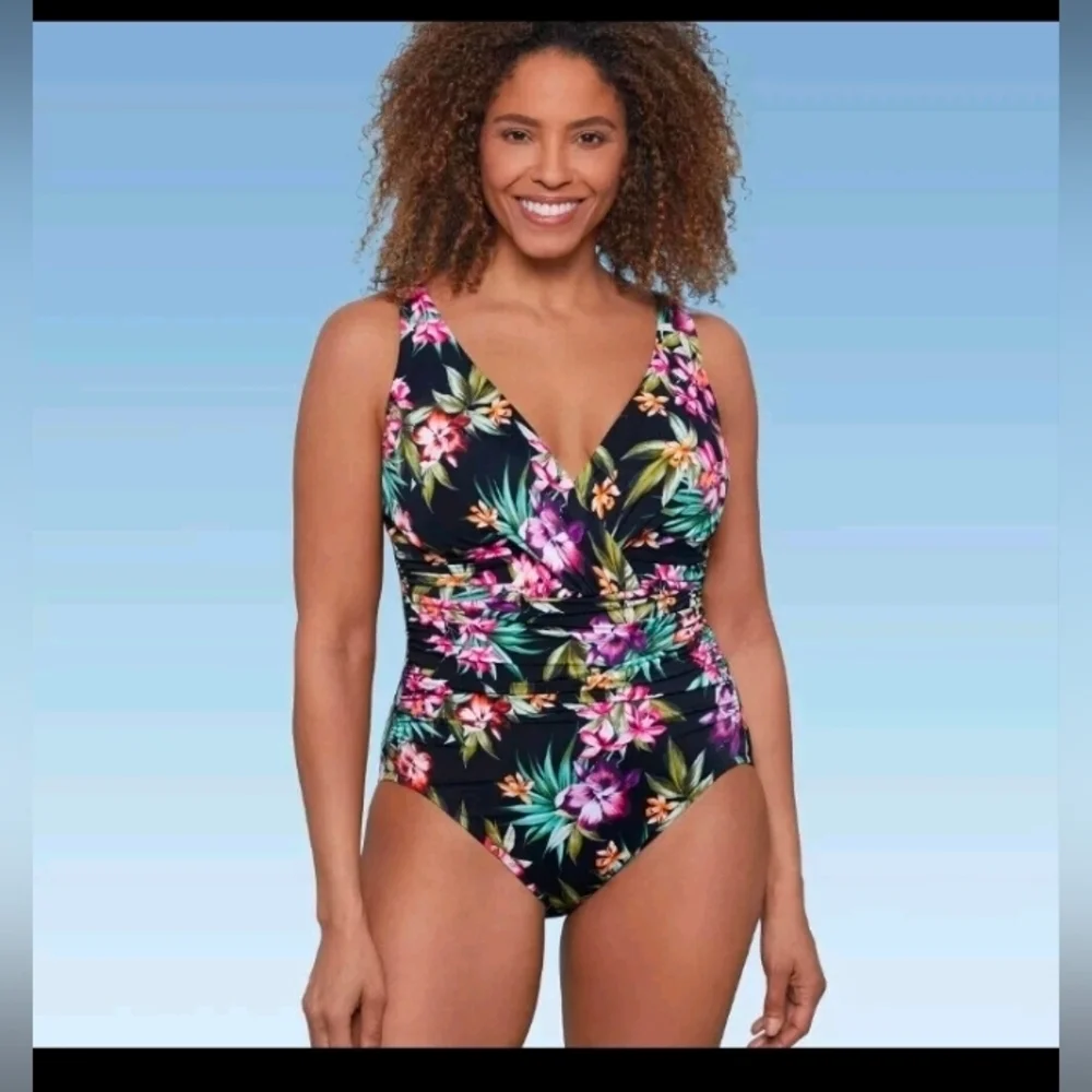 Aqua Green Women's UPF 50 V Neck Ruched Shaping Swimsuit Black Floral Size 10